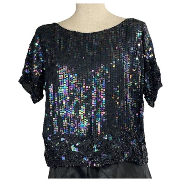 Vintage Sequin Embellished Silk Short Sleeve Blouse - Black, Size Large - Picture 1 of 7